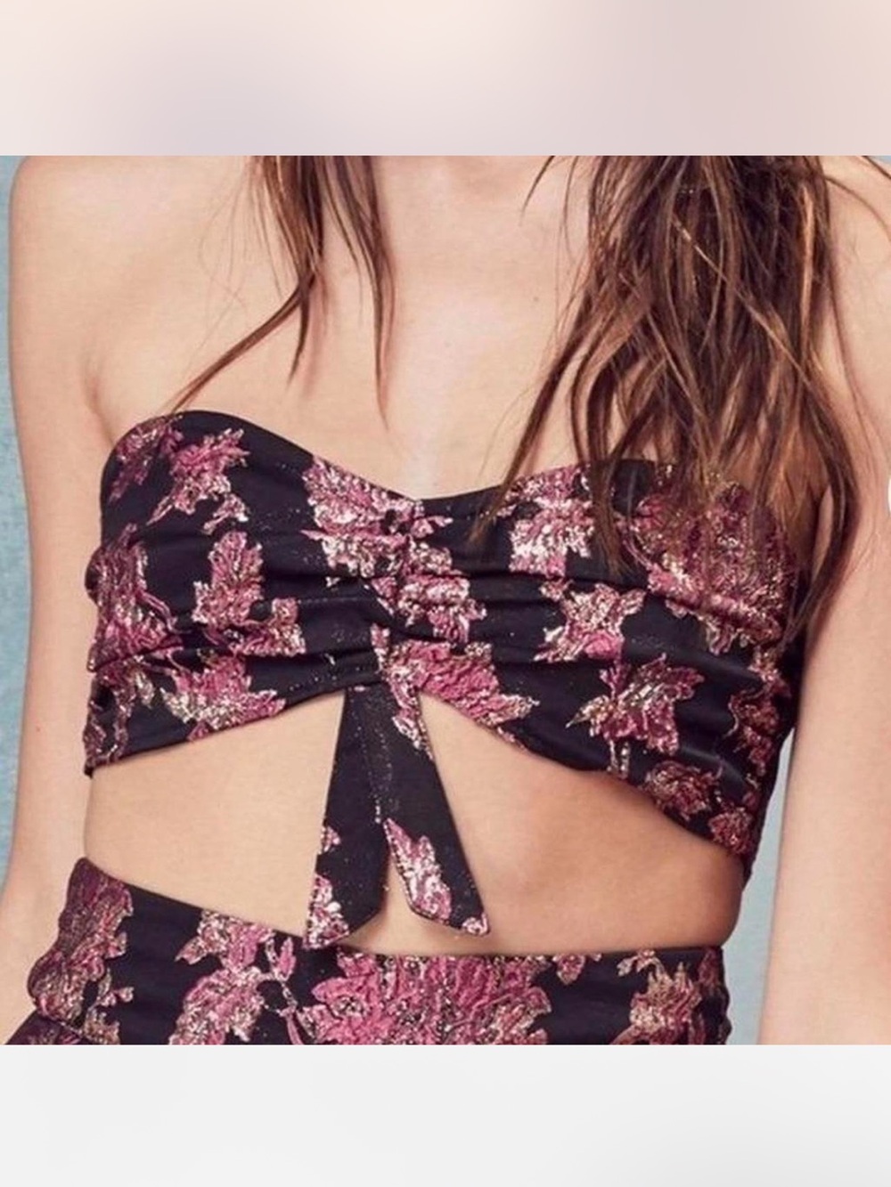 For Love & Lemons Black Strapless Tie-Front Crop Top with Pink Floral